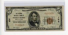 1929 $5 THE SECOND NATIONAL BANK OF WILKES BARRE, PA BROWN SEAL VF/XF picture