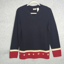Vintage Koret Petites Navy Blue Nautical Crown Star Knit Sweater S Novelty picture