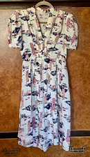 1930s-40s Tropical Asian Thai Print Puff Sleeve Fit & Flair Dress S/XS picture