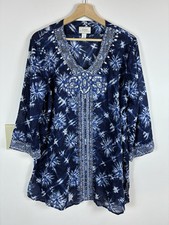 Chico’s Tunic Top Blue Beaded Tie Dye 3(XL) 3/4 Sleeve Cotton Boho picture