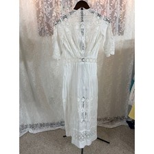 Vintage 1910-1920s White Cotton Lace Tea Dress Edwardian Style Floral Dressal picture