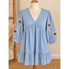 ZARA Women’s M Blue Embroidered Babydoll Mini Dress V-Neck Floral Boho picture