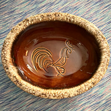 Hull Pottery Oval Bowl Brown drip Rooster chicken Pattern Glossy Finish USA picture