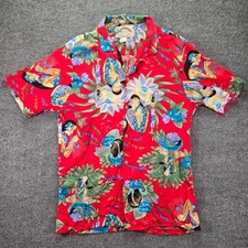 Vintage Paradise Found Hawaiian Shirt Mens Large Red Hawaii Music Girl Hula picture