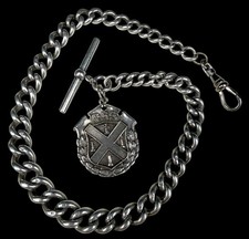 Antique British Sterling Silver Watch Albert Chain HEAVY 66.7 Gr Lighthouse Fob picture