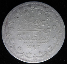 1876 Turkey Ottoman Empire 20 Kurush Silver Coin Abdul Hamid II .83 Fine KM #722 picture