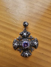 Vintage Jerusalem Cross Pendant Silver Cannetille Filigree Amethyst Purple Stone picture