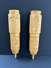 Vintage Scandinavian Folk Art Hand Carved Wood Wall Vases Pair Examen 76 picture