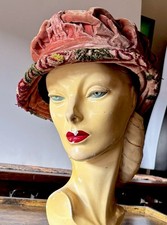 Antique Edwardian 1900s Peach Velvet Hat Arts & Crafts Period Embroidery Titanic picture