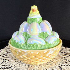 Westmoreland iridescent hand painted Chick on Egg Pile Covered Basket 2-Piece picture
