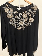 NWT J. Jill Embroidered Floral Knit Round Neck Longsleeve Top Black XL picture