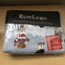 Ralph Lauren Vintage Teddy Bear Blue Striped One Queen Deep Fitted Sheet New picture