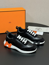 Hermes Bouncing Black Suede Calf Leather Low Top Mens Sneakers White Orange Sole picture