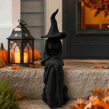 Halloween Faceless Witch Figurine – Black Sitting Witch Wall Hanging Resin Decor picture