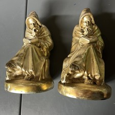 Armor Bronze Set of 2 Robed Reading Monks Bookends Rare Vintage picture