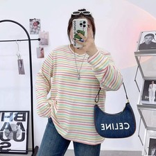 Early Autumn Large Size Retro Rainbow Stripesd Right Shoulder Long-Sleeved T-Shi picture
