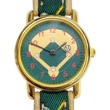Vintage Accutime Baseball Diamond Theme Watch Green Japan Movt Leather Strap picture