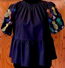 ODDI Los Angeles Women Size M Black Embroidered Pineapple Floral Peplum Puff Top picture