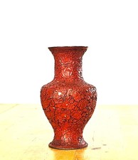 1950s Chinese Handcarved Red Cinnabar Vase Vintage 6.5” picture
