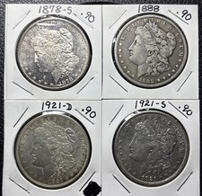 4 Morgan Silver Dollar Lot 1878-S 1888 1921-D 1921-S 90% Silver Actual Coins picture