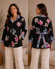 Leonard Paris Gorgeous Soft Reversible Black Floral Jacket With Belt US 8 FR42 picture