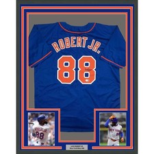 Framed Autographed/Signed Luis Robert 35x39 New York Blue Jersey BAS COA picture
