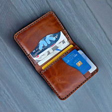 Mens Slim Bifold Handmade Card Holder Vintage Leather Wallet RFID Blocking Brown picture