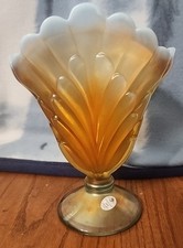 Fenton 100th Anniversary Marigold Aqua Opalescent Stretch Glass Plume Fan Vase picture