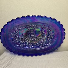 Imperial Carnival Glass Cobalt Blue Iridescent Windmill Scene Oval Tray 9