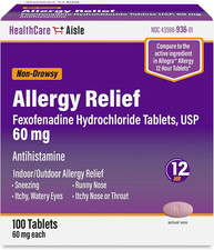 HEALTHCARE AISLE ALLERGY RELIEF FEXOFENADINE HYDROCHLORIDE 100 TAB 60MG EXP 2027 picture