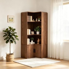 L Shaped Walnut Corner Tall Bookshelf Large Capacity Storage Shelf picture
