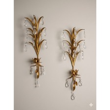 Vintage Italian Gold Tole Crystal Wall Sconces 18