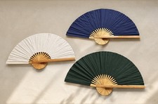 VTG SET OF 3 LARGE ASIAN FOLDING WALL FANS WOOD CLOTH GREEN BLUE WHITE THAILAND picture