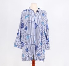 CHICO'S Blue & White Striped Button Up Tunic Shirt Elephant Print Size 4 (20~22) picture