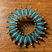Vintage Faux Turquoise Petit Point Sunburst Brooch Pin, Silver Tone, Southwester picture
