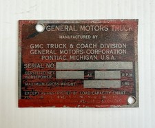 Vintage 1952 GMC Pickup Truck Serial Number Tag Plaque Plate, 95 Horsepower picture