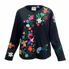 Vtg Michael Simon Black Cardigan M Embroidered Floral Chameleons Beads Sequence picture
