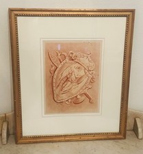 Antique French Red Chalk Drawing on Paper -   Winged Figure in Shield Crest picture