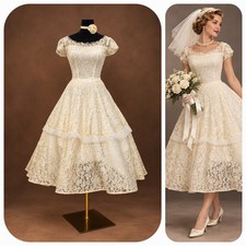 Vintage 1950s Mid-Century Ivory Lace Tea Length Wedding Dress Bridal  picture