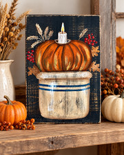 Primitive Pumpkin Crock Candle Hand Painted Reclaimed Wood Fall Wall Decor picture