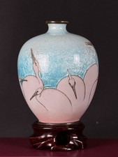 Antique Japanese Cloisonné Ginbari Crane Vase Sky Blue Fine Wire 4” picture