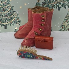 Antique Red Leather Doll Boots Shoes Buttons for French accessories included picture