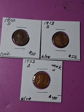 1910S, 1913S,1922D  LINCOLN CENT LOT OF 3 SEMI KEY DATES picture