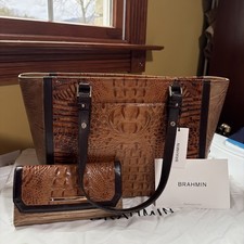 Brahmin Medium Arno toasted almond bengal leather shoulder tote bag / wallet picture