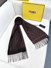 FENDI FF Logo Brown Black Cashmere Blend Scarf Fringe 30x200cm picture