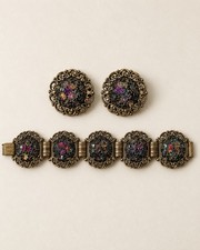 Vintage Judy Lee Bracelet & Earrings Set Gold Tone Iridescent Cabochon Unsigned picture