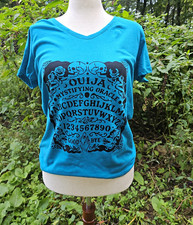 Women’s M Blue Ouija Graphic Print V-Neck Short Sleeve Cotton Jersey Tee picture
