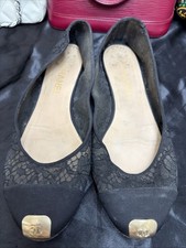 Chanel Ballet Flats 41 Lace Mesh Cap Toe Gold Tipped CC Logos Fair Worn Cracked picture