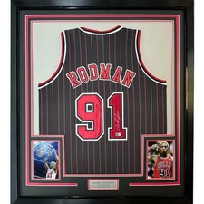FRAMED Signed DENNIS RODMAN 35x39 Chicago Pinstripe Jersey PSA COA picture