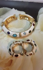 Vintage KJL Kenneth Jay Lane White Enamel Cabochon Bracelet & Clip-on... picture